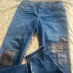 Chico's Blue Straight Leg. Stretch Jeans with Metallic Patchwork